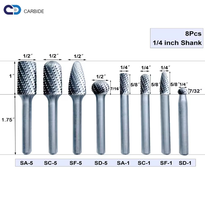 YG6 YG8 YG8C 8Piece Carbide Burr Set Carbide Cutting Rotary Burr Cutter Bits Rotary File Burring Tools Metal Wood Carving Drill ﻿