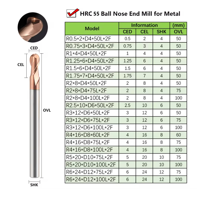 HRC45 HRC55 HRC65 2 flute D4-20mm fresas carbide ball nose end mill