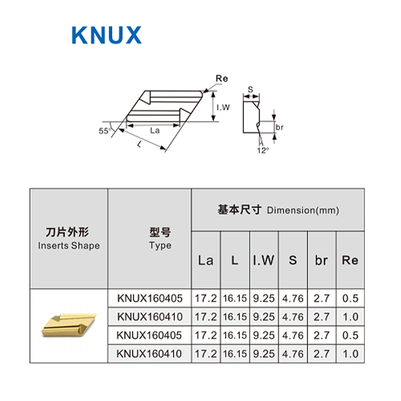 KNUX Carbide Inserts KNUX160405R-11 KNUX160405L-11 Turning Blade Lathe Carbide Inserts Suitable For Steel Processing 